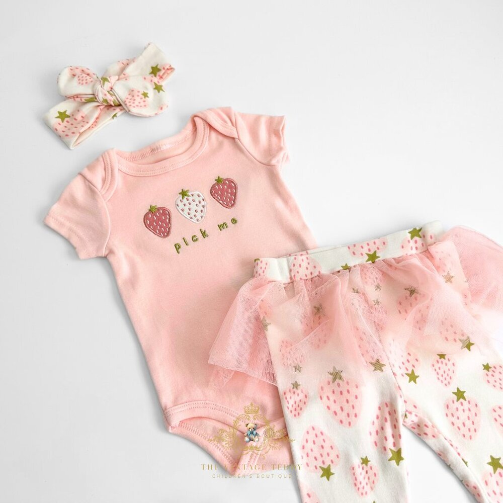 NWT Cute Girls 4 Piece Set Baby Onesie Tutu Pants Headband Pick Me Strawberry 9M - Picture 2 of 2
